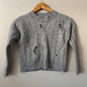 AQUA Sweater Womens Medium Grey 100% Cashmere Cropped Cable Knit Distressed